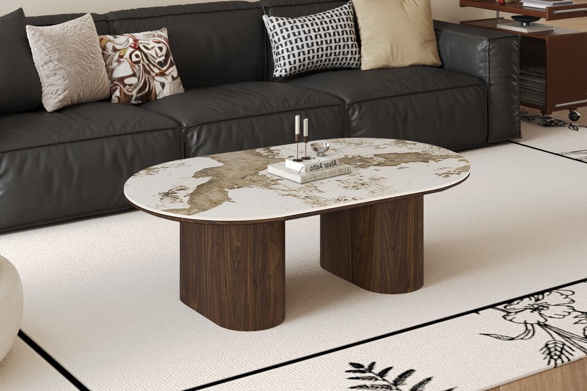 Rousseau - Table basse ovale Tomar - Chêne fumé - Pierre Pandora brillante - 40 x 120 x 70 cm