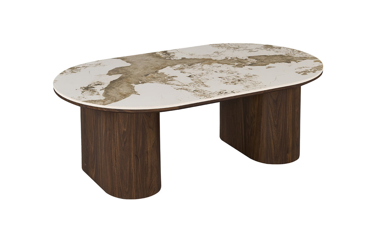 Rousseau - Table basse ovale Tomar - Chêne fumé - Pierre Pandora brillante - 40 x 120 x 70 cm