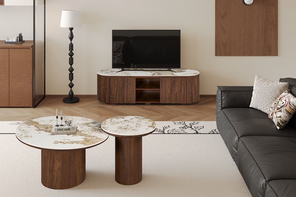 Rousseau - Set Salontafels Tomar - Gerookte Eik - Glanzende Pandora-steen - 45x80x80 cm