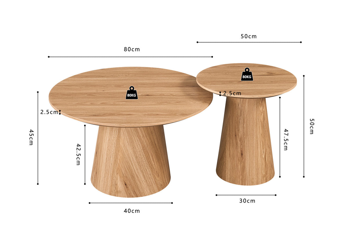 Rousseau - Lot de 2 tables basses Porto - Rondes - Chêne naturel - 50x80x50 cm