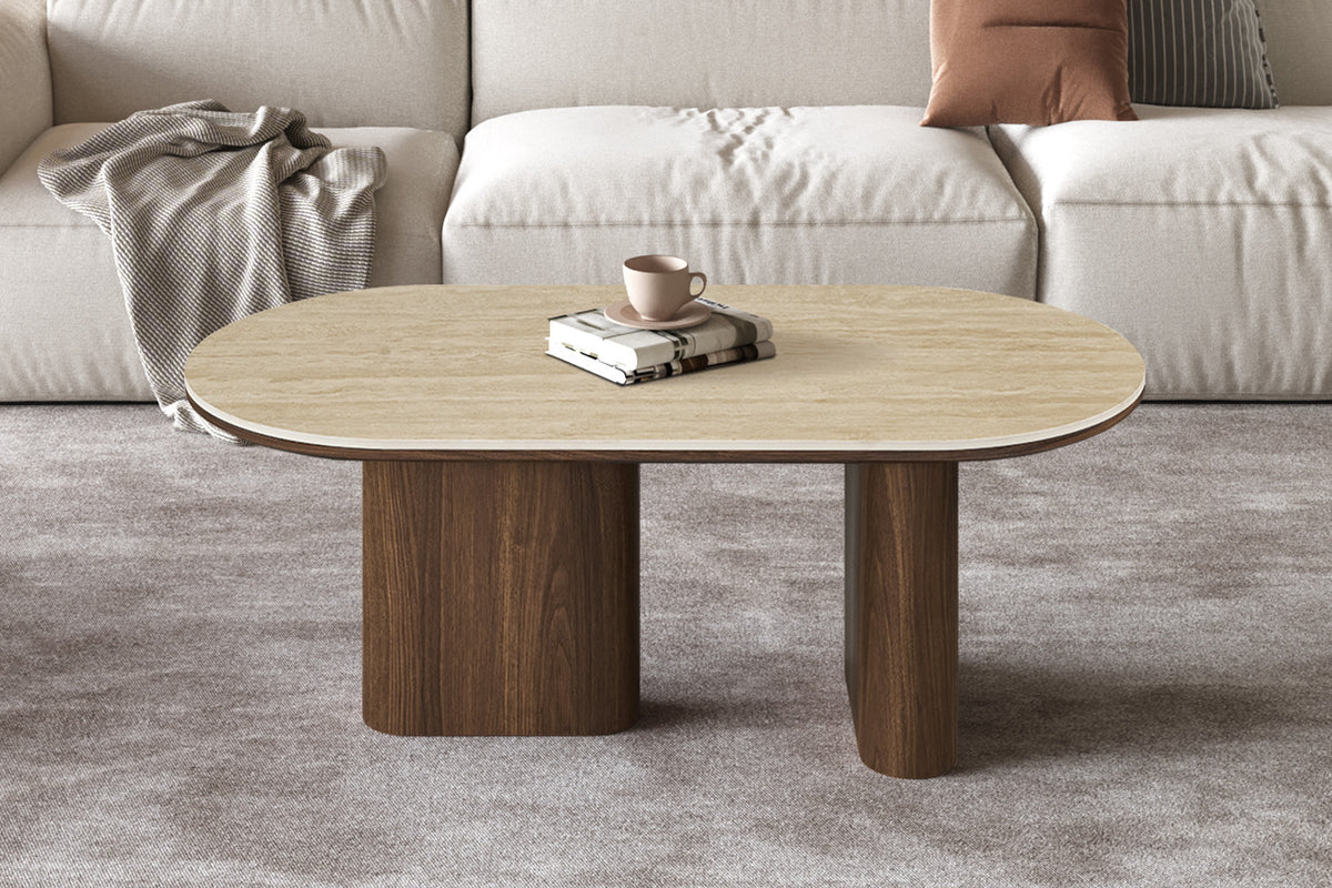 Rousseau - Table basse Elys - Ovale - Chêne foncé - Beige baroque - 45x120x60 cm