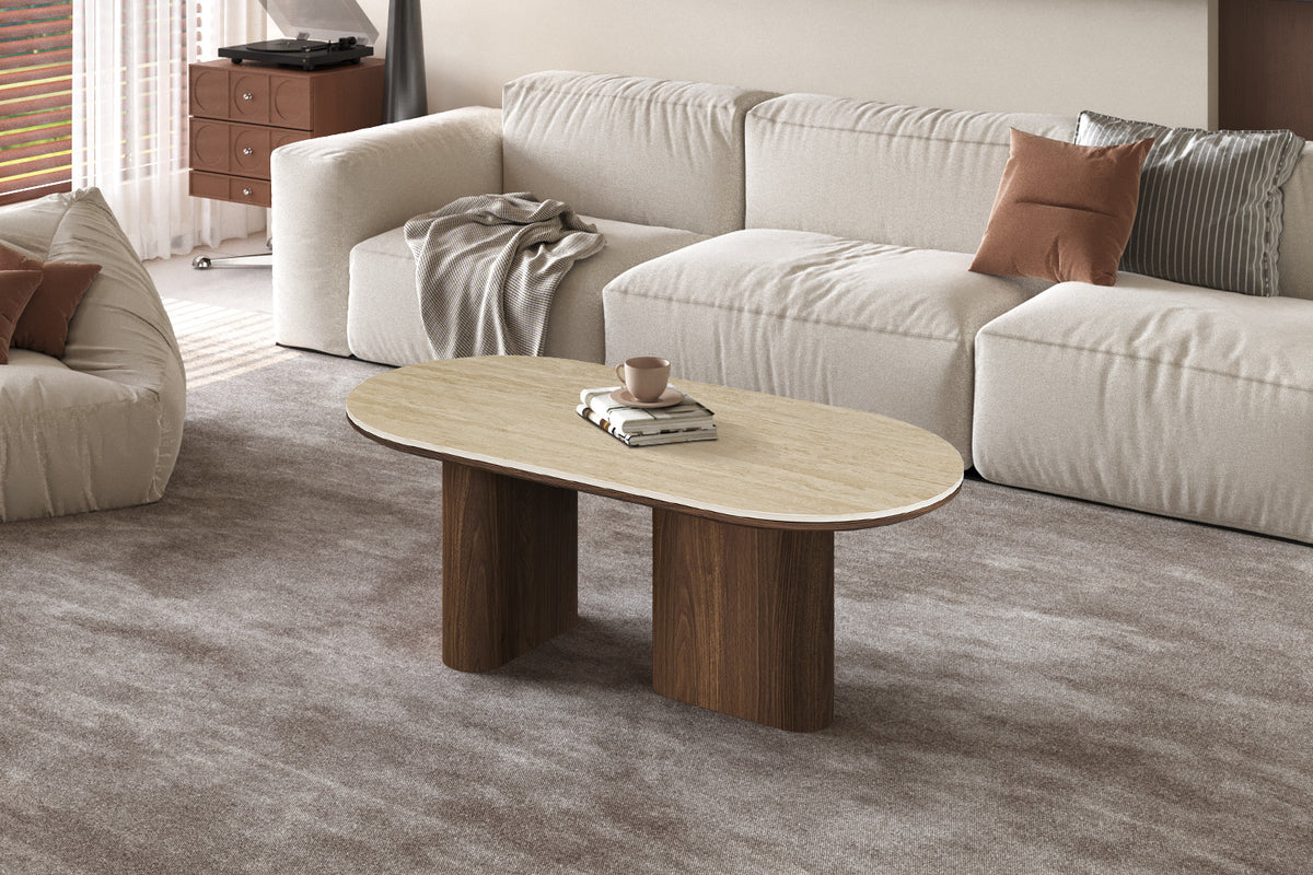 Rousseau - Table basse Elys - Ovale - Chêne foncé - Beige baroque - 45x120x60 cm