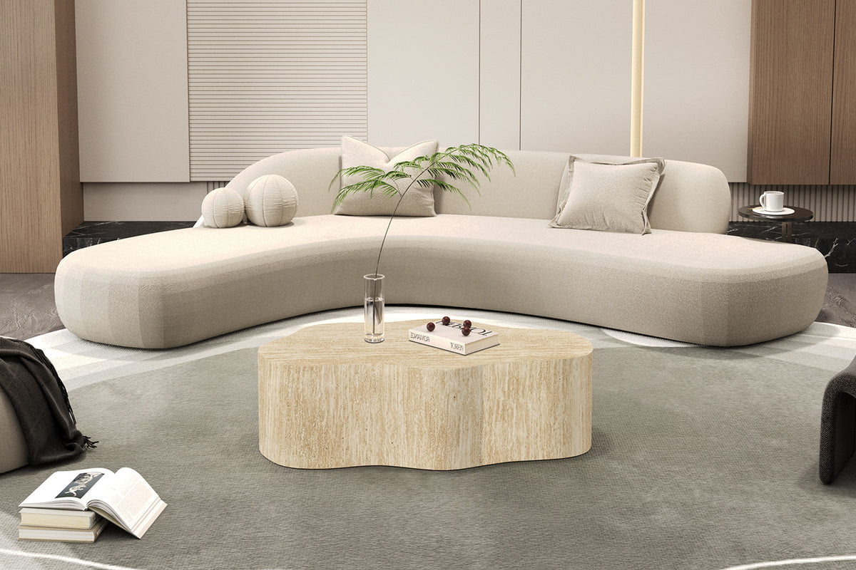 Rousseau - Table basse Oria - Décor organique - Travertin beige - 40x120x60 cm