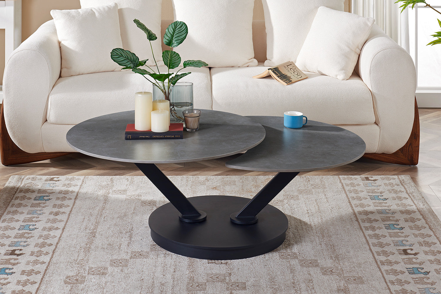 Salontafel 'Nara' Rond Draaibaar Steen Lichtgrijs