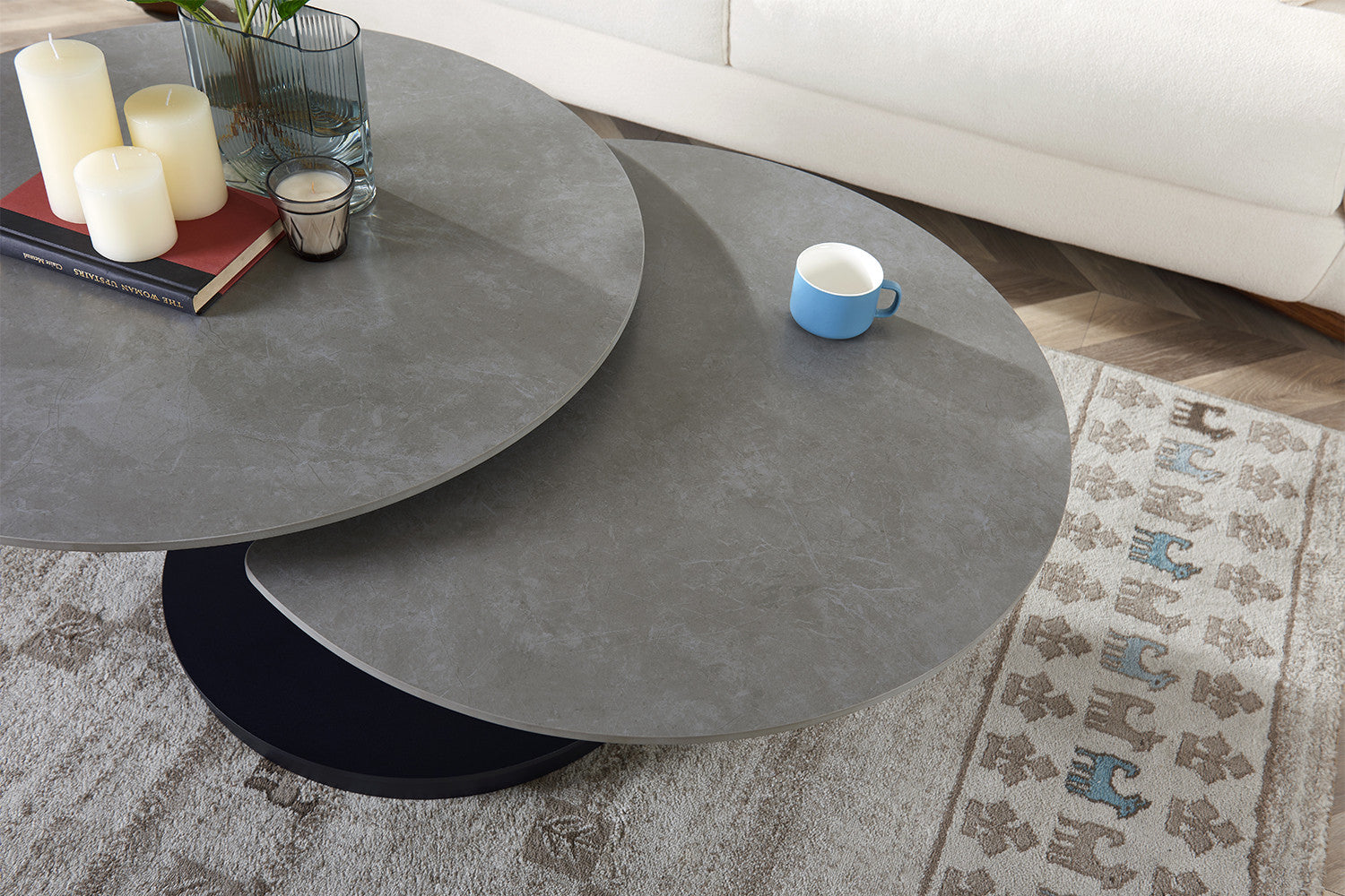 Salontafel 'Nara' Rond Draaibaar Steen Lichtgrijs