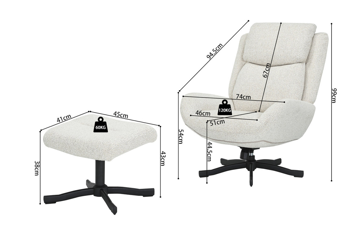 Rousseau - Fauteuil pivotant Jeanne - Fonction bascule - Avec Repose-pieds - Écru - 99 x 74 x 94.5 cm