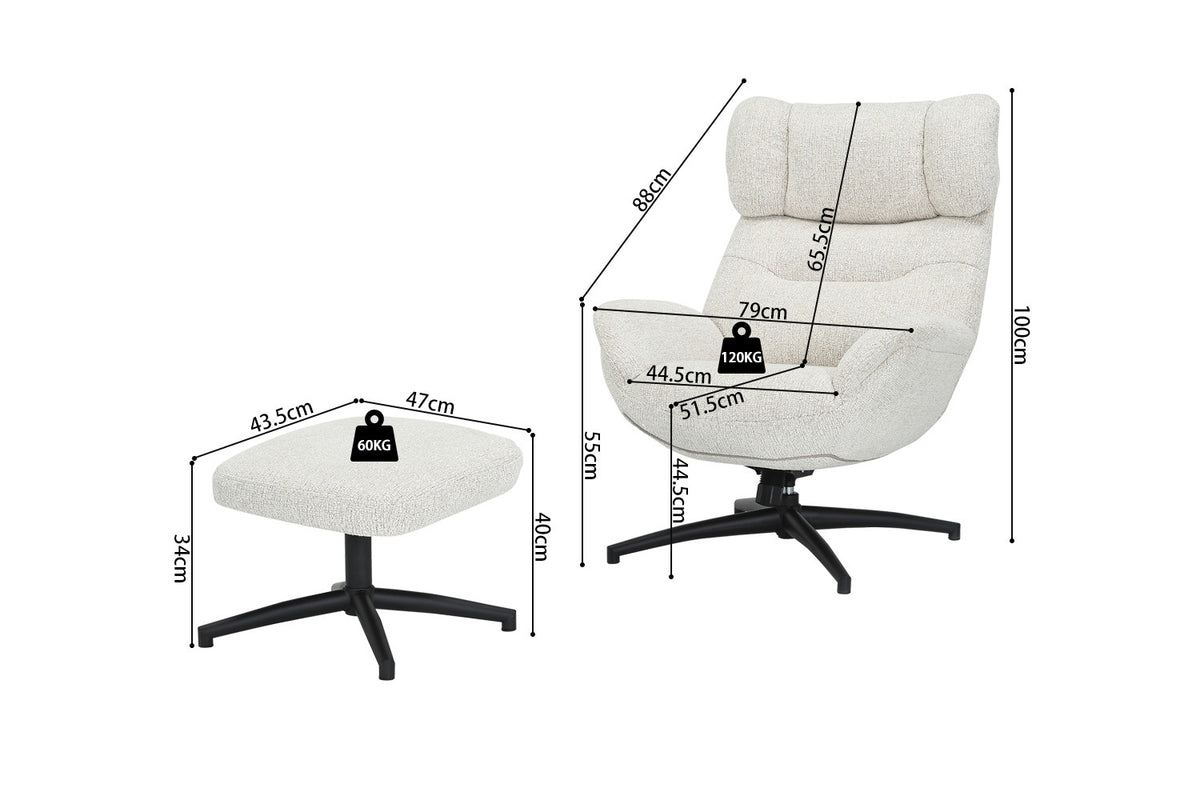 Rousseau - Fauteuil pivotant Judith - Fonction bascule - Avec Repose-pieds - Écru - 100 x 88 x 79 cm