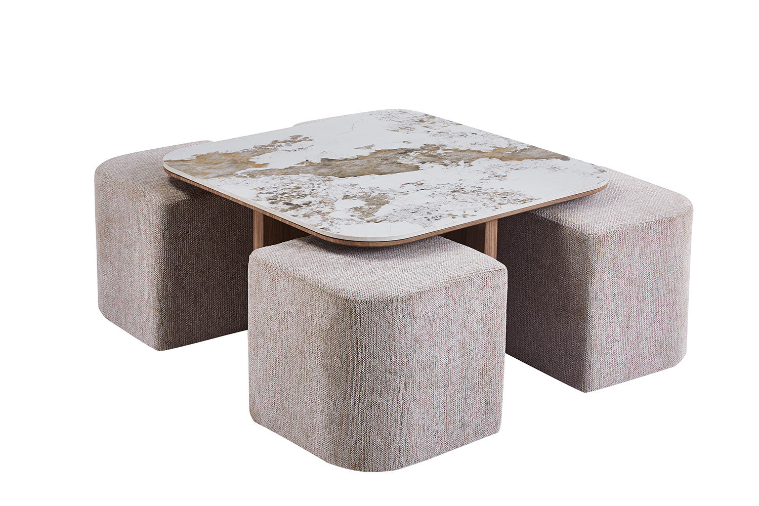 NIEUW - Salontafel 'Evora' met 4 poefs, stof 'Glanzend Steen Pandora', goudbruin