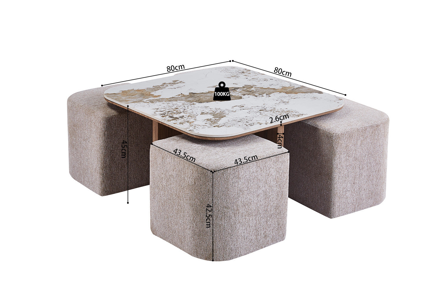 NIEUW - Salontafel 'Evora' met 4 poefs, stof 'Glanzend Steen Pandora', goudbruin