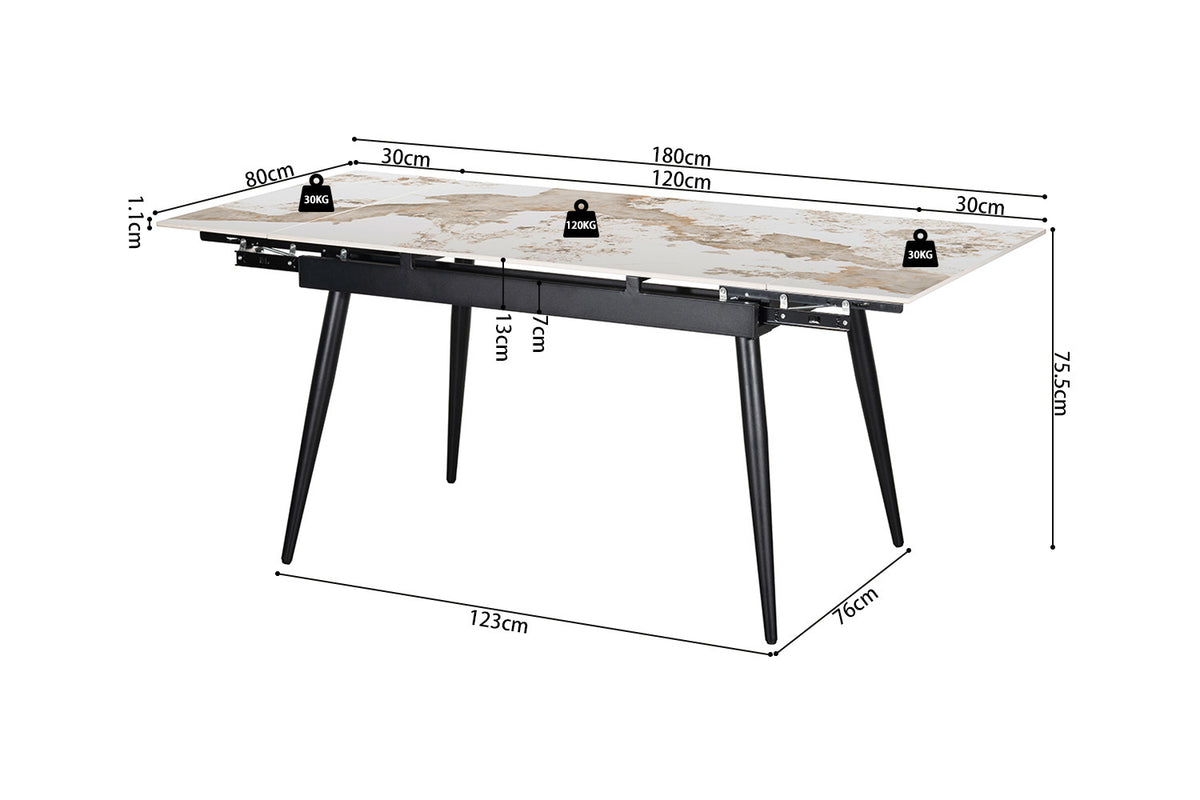 Rousseau - Table à manger extensible Hero - Pierre Pandora brillante - 75.5 x 120/180 x 80 cm
