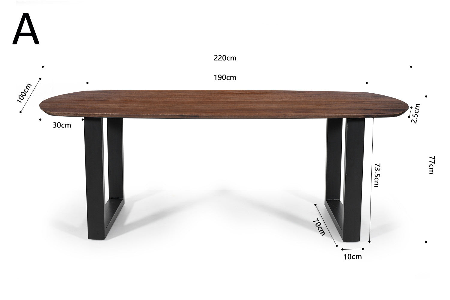 Rousseau - Table Tommy - Pied en U ovale - manguier marron - 77x220x100 cm