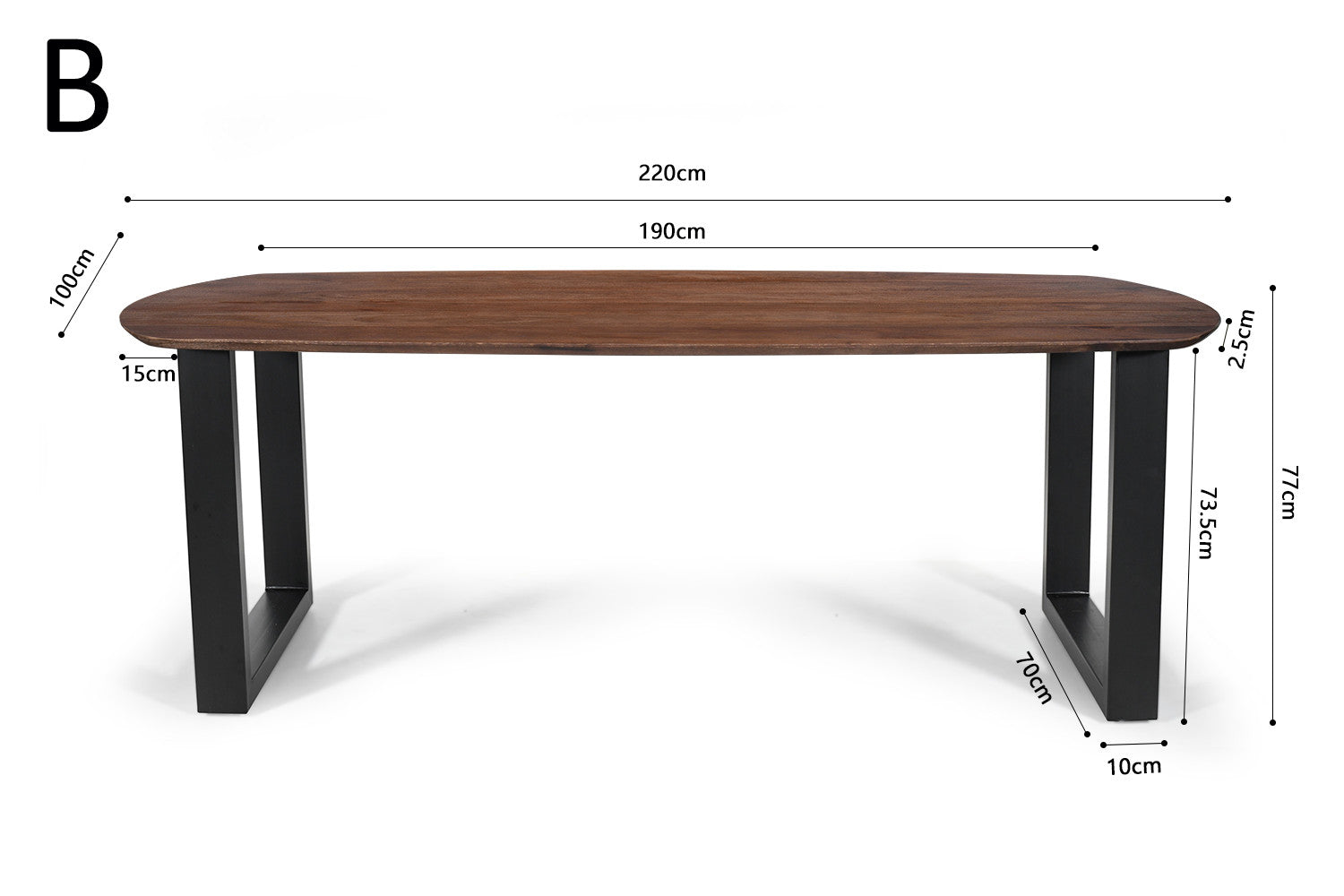 Rousseau - Table Tommy - Pied en U ovale - manguier marron - 77x220x100 cm