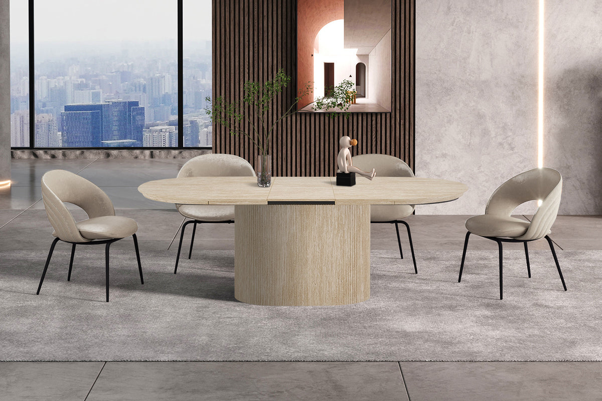 Rousseau - Table à manger extensible ovale Lagos - Décor Travertin Beige - 75 x 180/220 x 110 cm