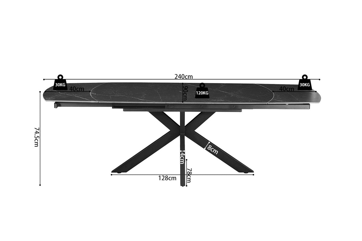 Rousseau - Uitschuifbare eettafel Ares Deens Ovaal - Steen Zwart - 77 x 160-240 x 90 cm