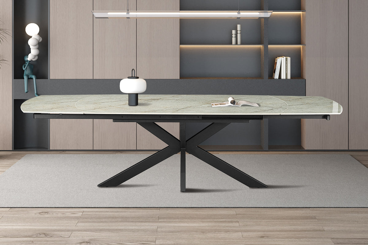 Rousseau - Table à manger extensible Ares Ovale Danoise - Pierre Beige Brillante - 77 x 160-240 x 90 cm
