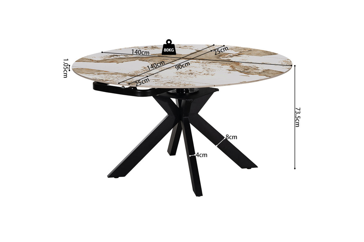 Rousseau - Table à manger extensible Athéna - Pierre Pandora brillante - 73.5/77 x 90/140 x 140 cm