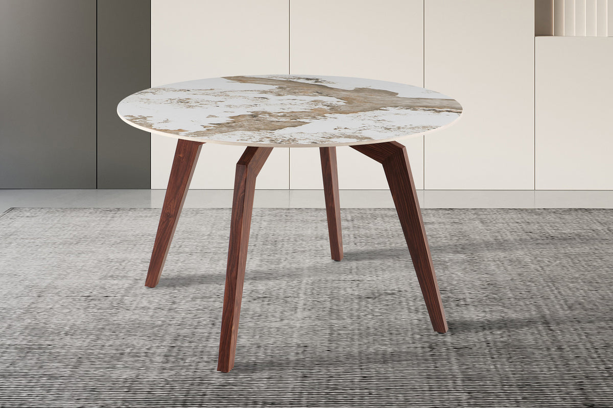Rousseau - Table à manger ronde Alma - Pierre Pandora brillante - Pied Noyer - 74 x 120 x 120 cm