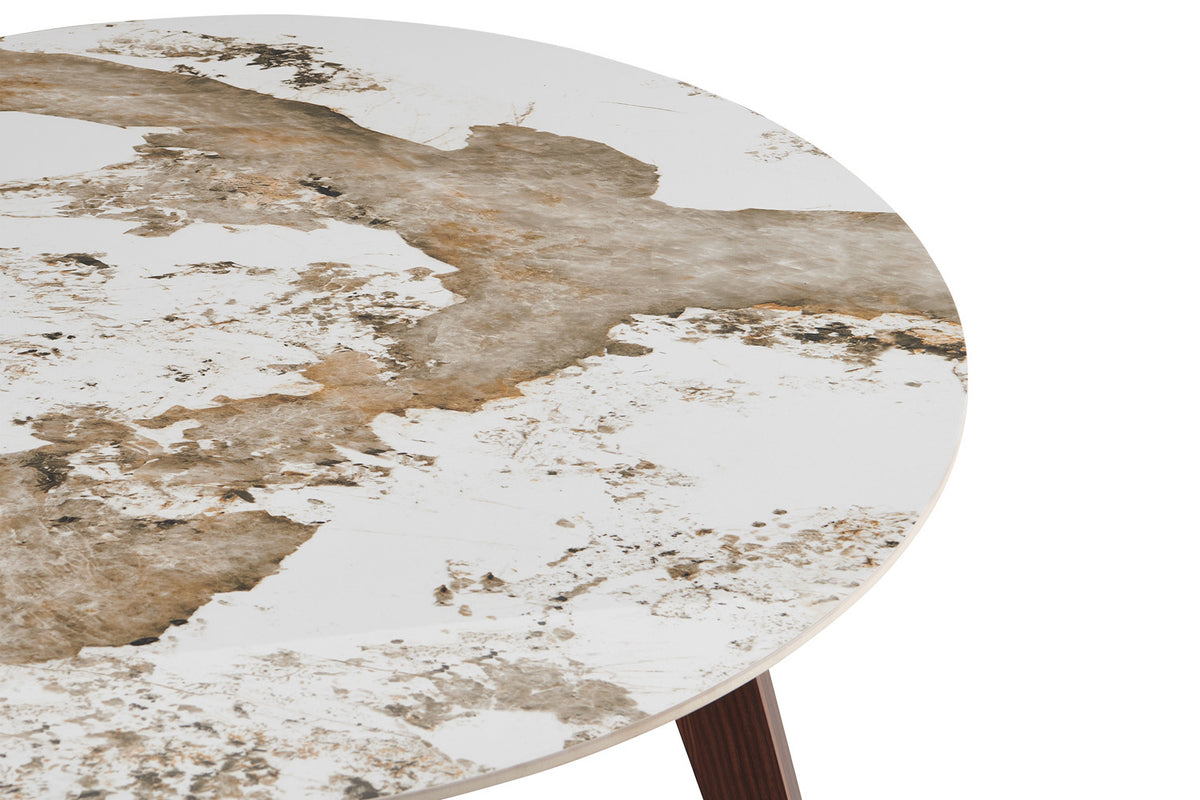 Rousseau - Table à manger ronde Alma - Pierre Pandora brillante - Pied Noyer - 74 x 120 x 120 cm