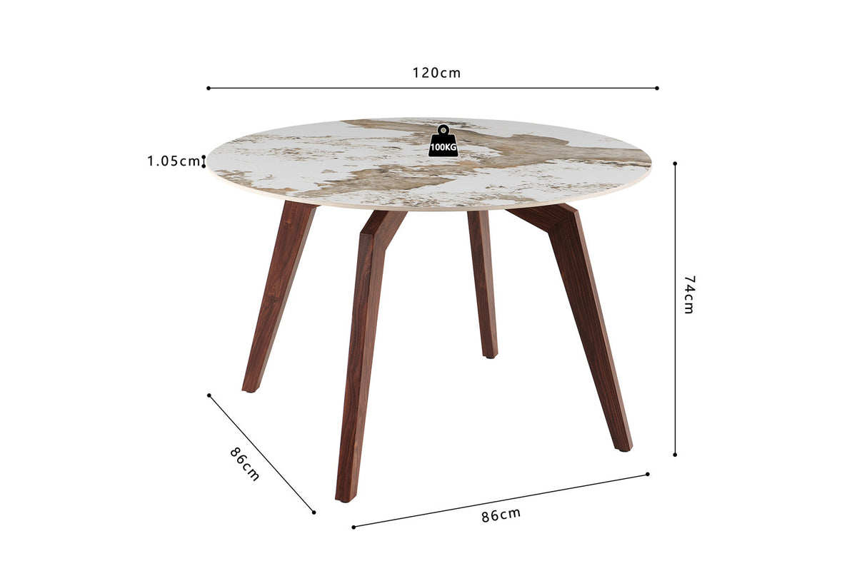 Rousseau - Table à manger ronde Alma - Pierre Pandora brillante - Pied Noyer - 74 x 120 x 120 cm