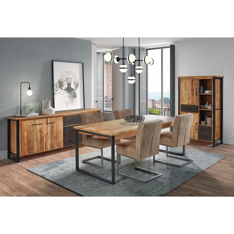 Image of IDE - Eetkamer San Remo - 3-delige set - Massief - Mangohout/Zwart. Leuke industrile eetkamer met een warme kleur en gemaakt uit duurzaam massief mangohout.
...