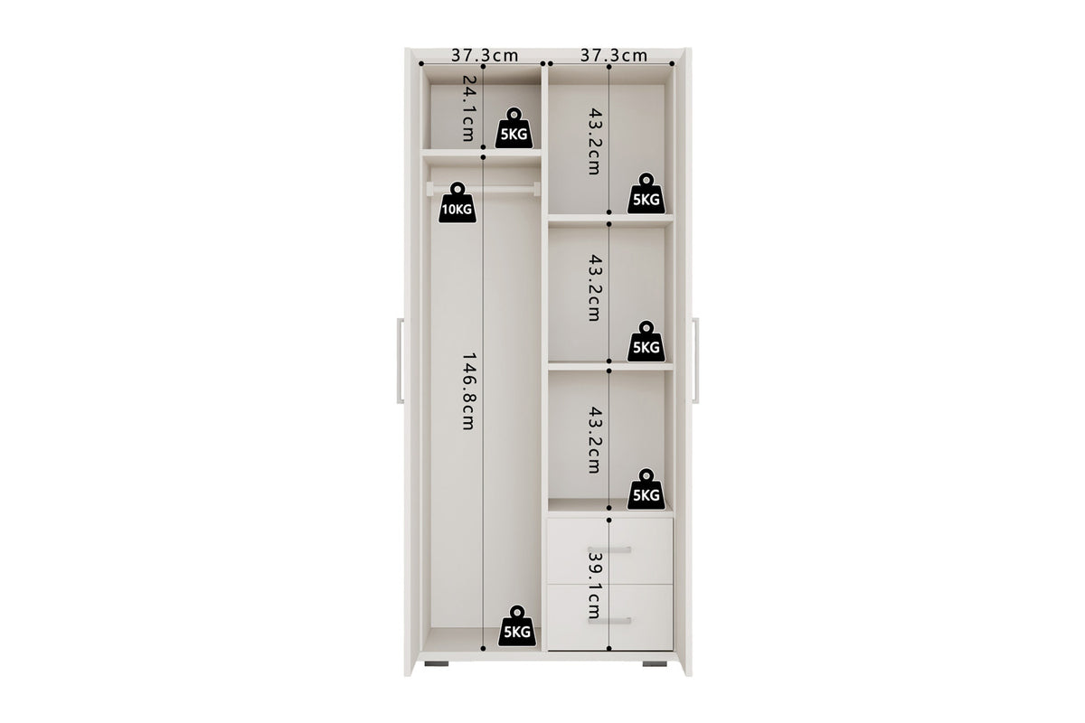 Rousseau - Armoire Mike - 2 portes Blanc - 183 x 80 x 52 cm