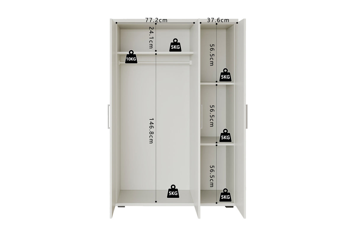 Rousseau - Armoire Mike - 3P - Blanc - 183 x 120 x 52 cm