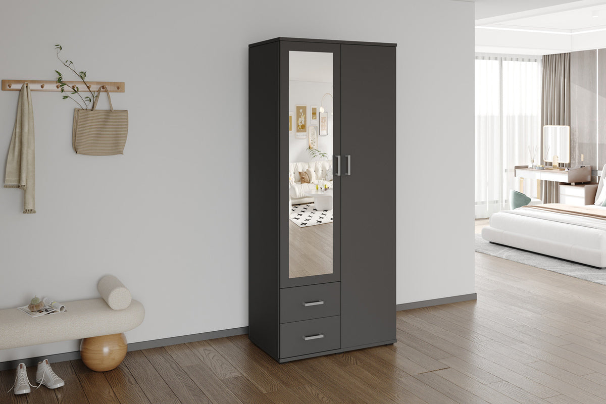 Rousseau - Armoire Marc - 2 portes avec miroir Gris foncé - 185 x 80 x 52 cm