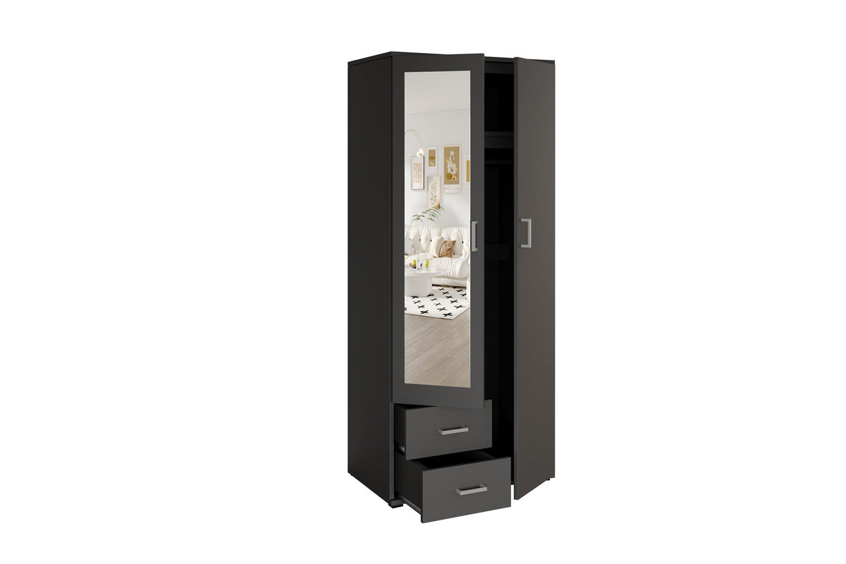 Rousseau - Armoire Marc - 2 portes avec miroir Gris foncé - 185 x 80 x 52 cm