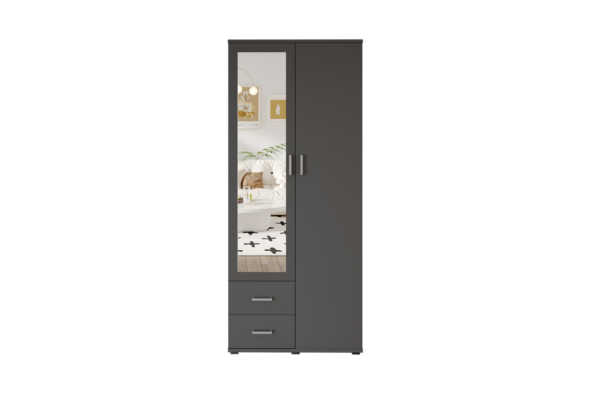 Rousseau - Armoire Marc - 2 portes avec miroir Gris foncé - 185 x 80 x 52 cm
