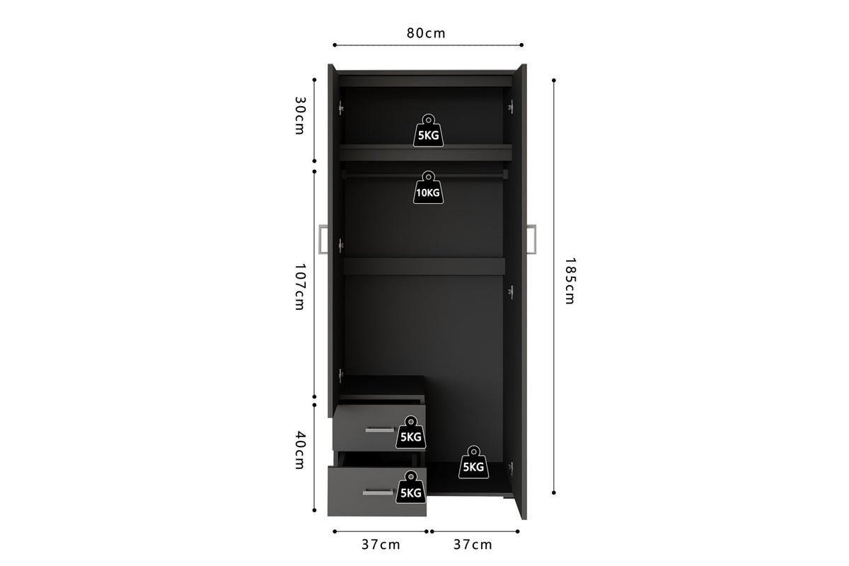 Rousseau - Armoire Marc - 2 portes avec miroir Gris foncé - 185 x 80 x 52 cm