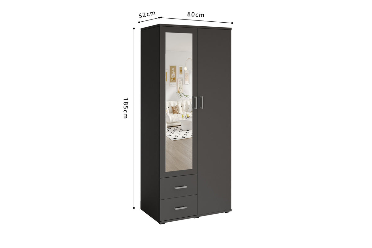 Rousseau - Armoire Marc - 2 portes avec miroir Gris foncé - 185 x 80 x 52 cm