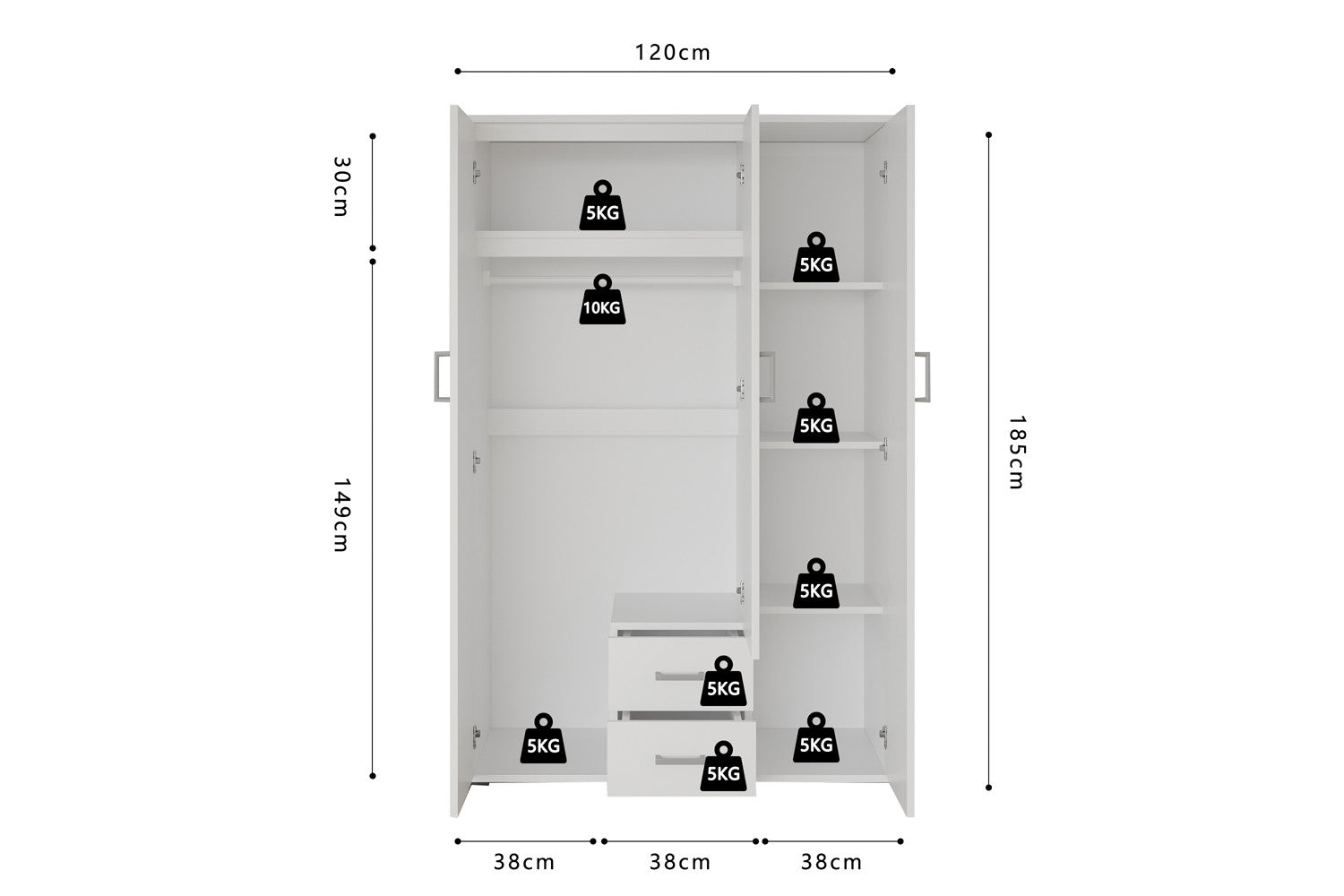 Kleerkast 'Marc' 3 deuren met spiegel Wit