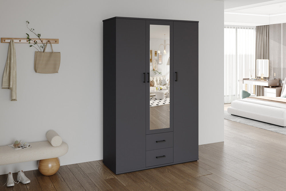 Rousseau - Kleerkast Marc - 3 deuren met spiegel Donkergrijs - 185 x 120 x 52 cm