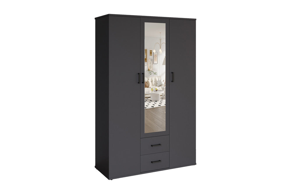 Rousseau - Kleerkast Marc - 3 deuren met spiegel Donkergrijs - 185 x 120 x 52 cm