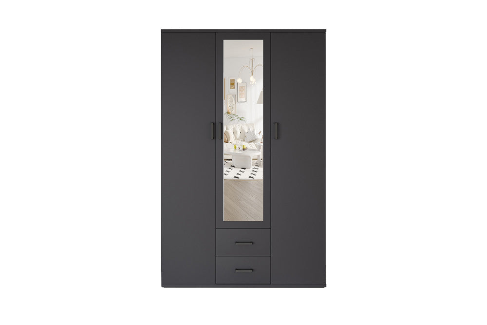 Rousseau - Kleerkast Marc - 3 deuren met spiegel Donkergrijs - 185 x 120 x 52 cm