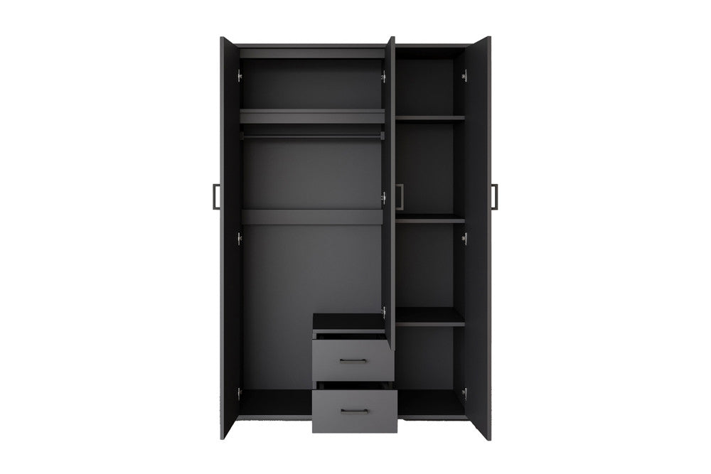 Rousseau - Kleerkast Marc - 3 deuren met spiegel Donkergrijs - 185 x 120 x 52 cm