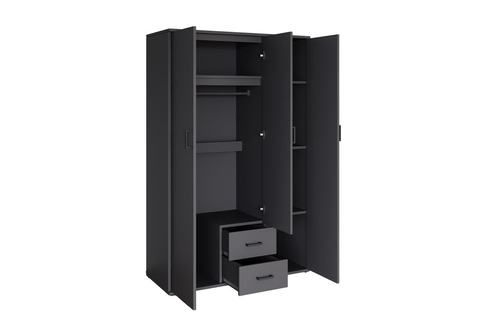 Rousseau - Kleerkast Marc - 3 deuren met spiegel Donkergrijs - 185 x 120 x 52 cm