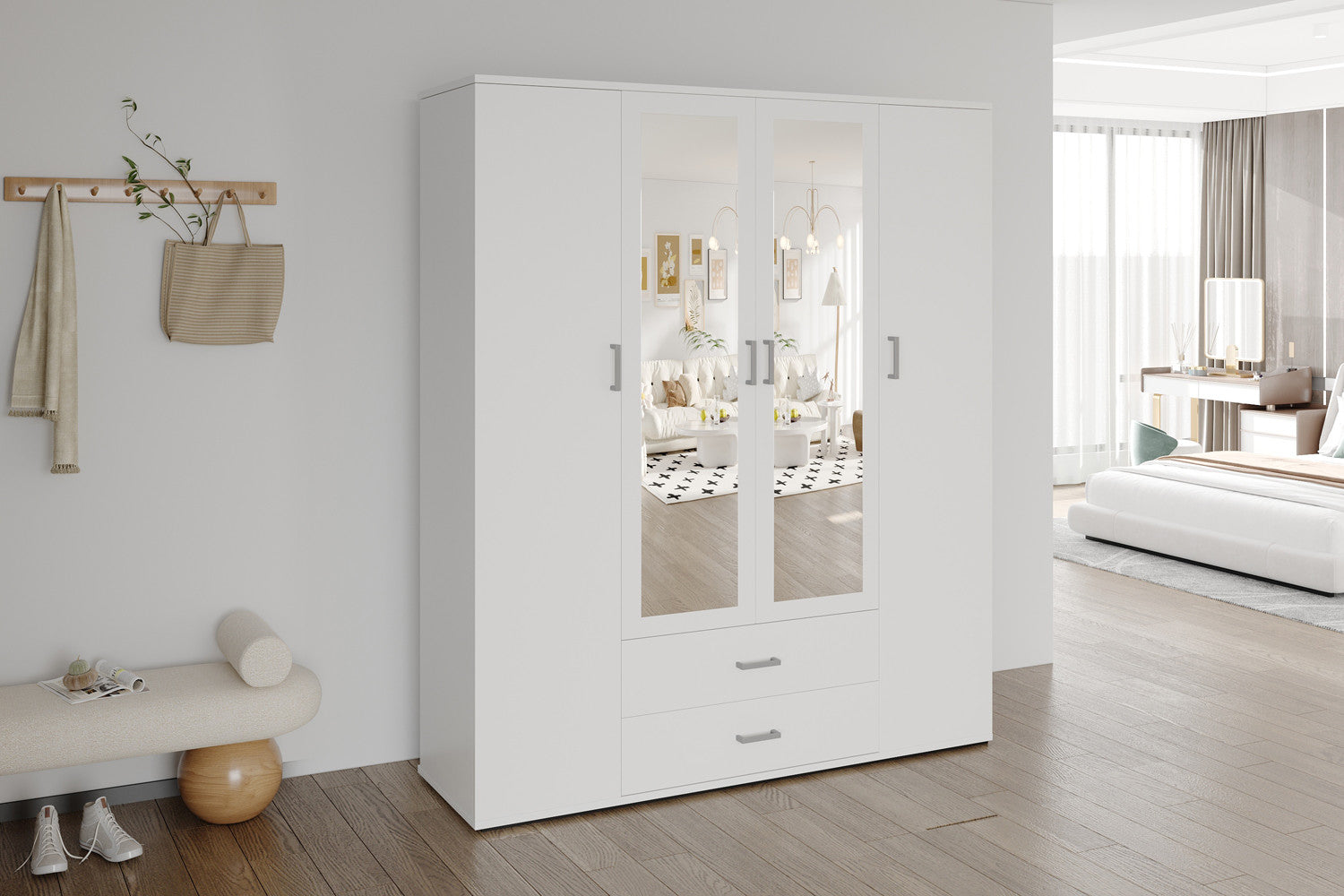 Kleerkast 'Marc' 4 deuren met 2 spiegels Wit