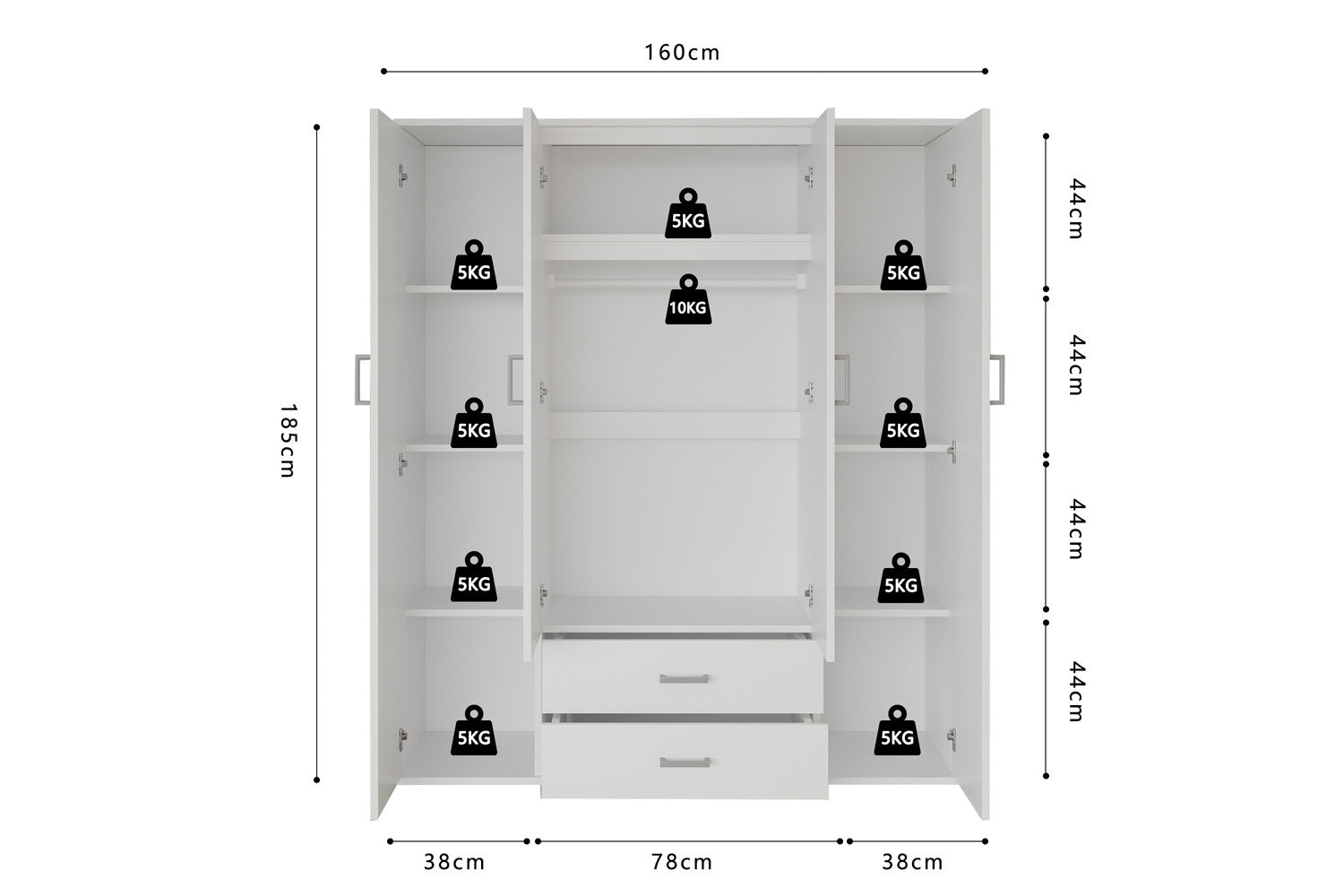 Kleerkast 'Marc' 4 deuren met 2 spiegels Wit