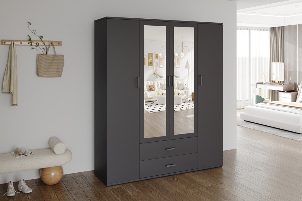 Rousseau - Kleerkast Marc - 4 deuren met 2 spiegels Donkergrijs - 185 x 160 x 52 cm