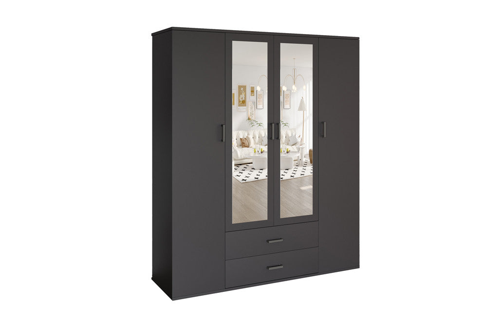 Rousseau - Kleerkast Marc - 4 deuren met 2 spiegels Donkergrijs - 185 x 160 x 52 cm