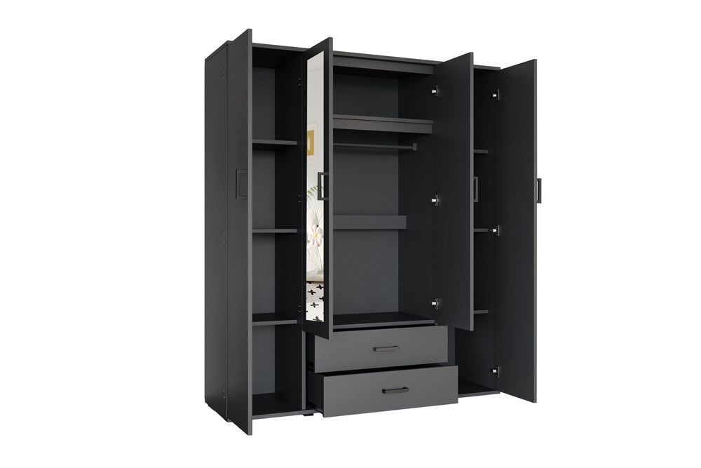 Rousseau - Kleerkast Marc - 4 deuren met 2 spiegels Donkergrijs - 185 x 160 x 52 cm