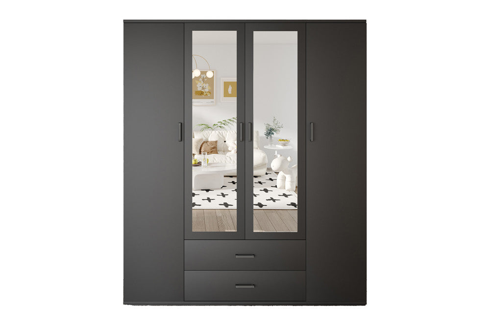 Rousseau - Kleerkast Marc - 4 deuren met 2 spiegels Donkergrijs - 185 x 160 x 52 cm