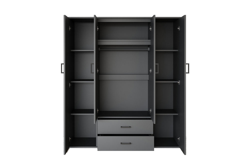 Rousseau - Kleerkast Marc - 4 deuren met 2 spiegels Donkergrijs - 185 x 160 x 52 cm