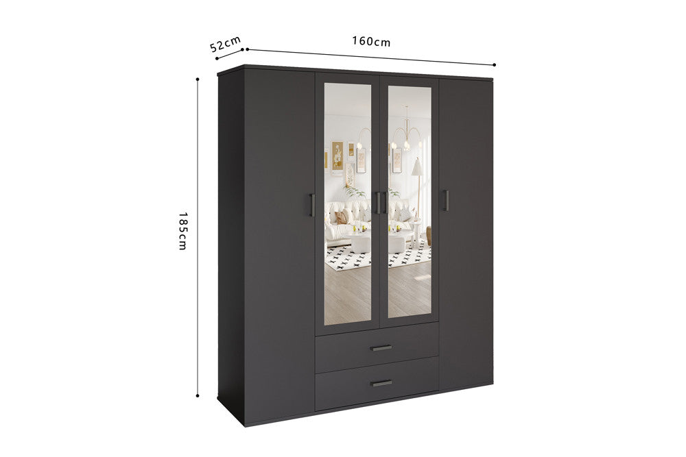 Rousseau - Kleerkast Marc - 4 deuren met 2 spiegels Donkergrijs - 185 x 160 x 52 cm