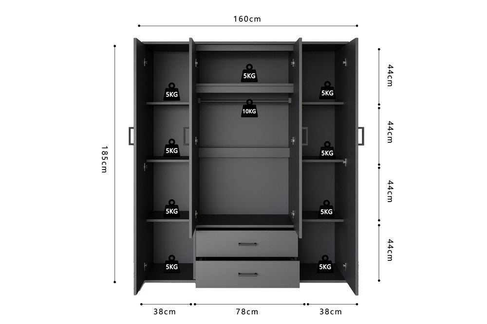 Rousseau - Kleerkast Marc - 4 deuren met 2 spiegels Donkergrijs - 185 x 160 x 52 cm