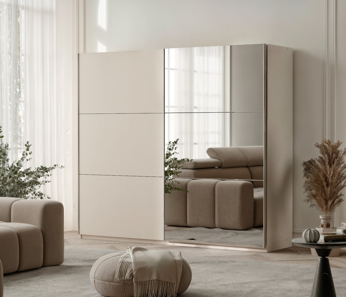 2BM - Armoire Vigo - Portes coulissantes - Sable-Beige/ Miroir - L 250 x H 217 x P 62 cm