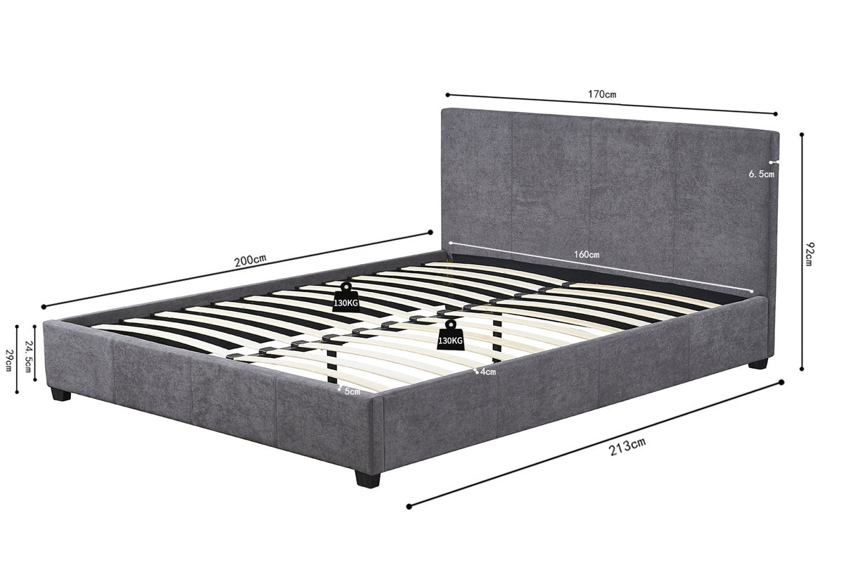Rousseau - Tweepersoonsbed Roma - 160x200 met lattenbodem Stof Grijs - 92 x 170 x 218 cm