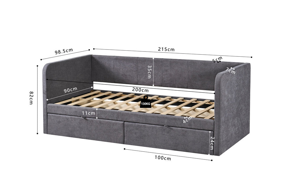 Rousseau - Eenpersoonsbed Parma - Stof - Grijs - 90x200 cm