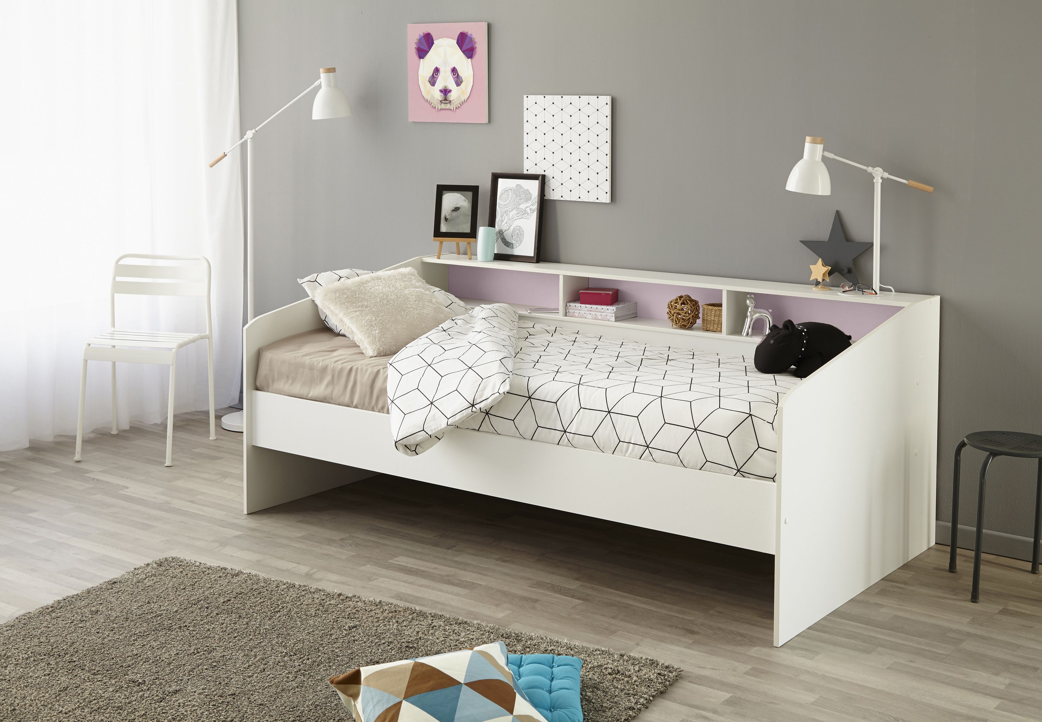 Image of Eenpersoonsbed Sleep - Wit - 90x82x200cm. Een compacte en stijlvolle bed met een lengte van 200 cm, lang platform, drie opbergvakken en twe...